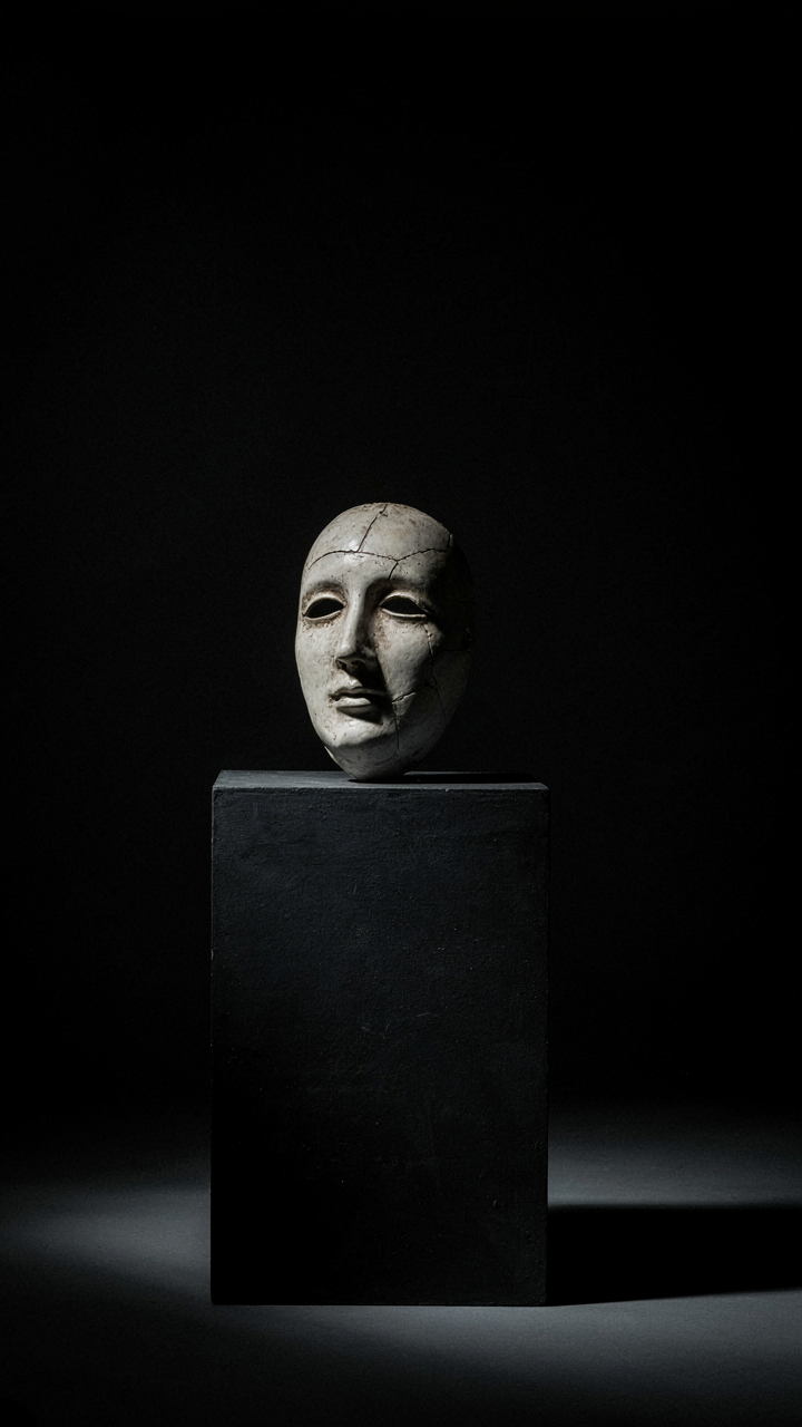A single, striking mask on a dark pedestal with a spotlight.