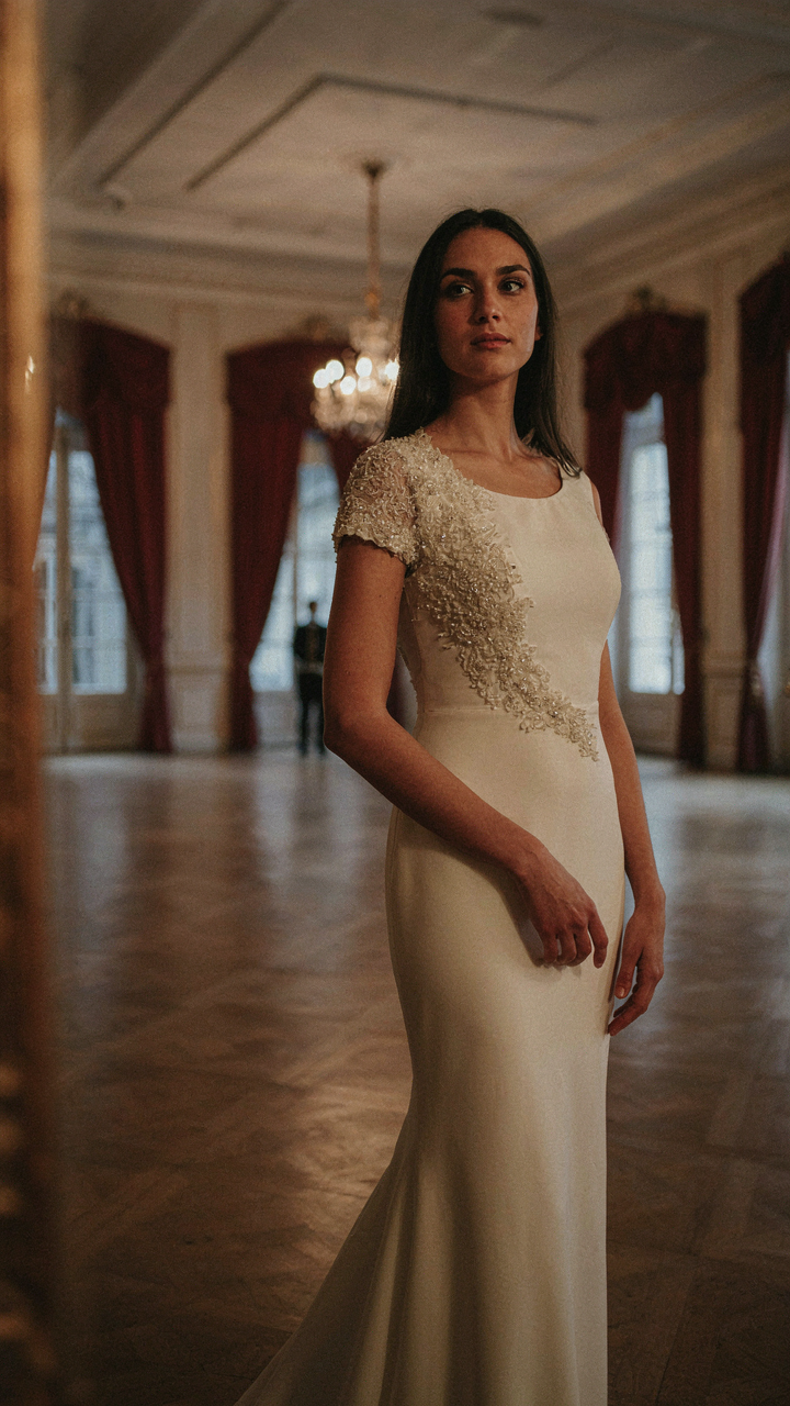 A woman in an asymmetric dress with one ornate shoulder.