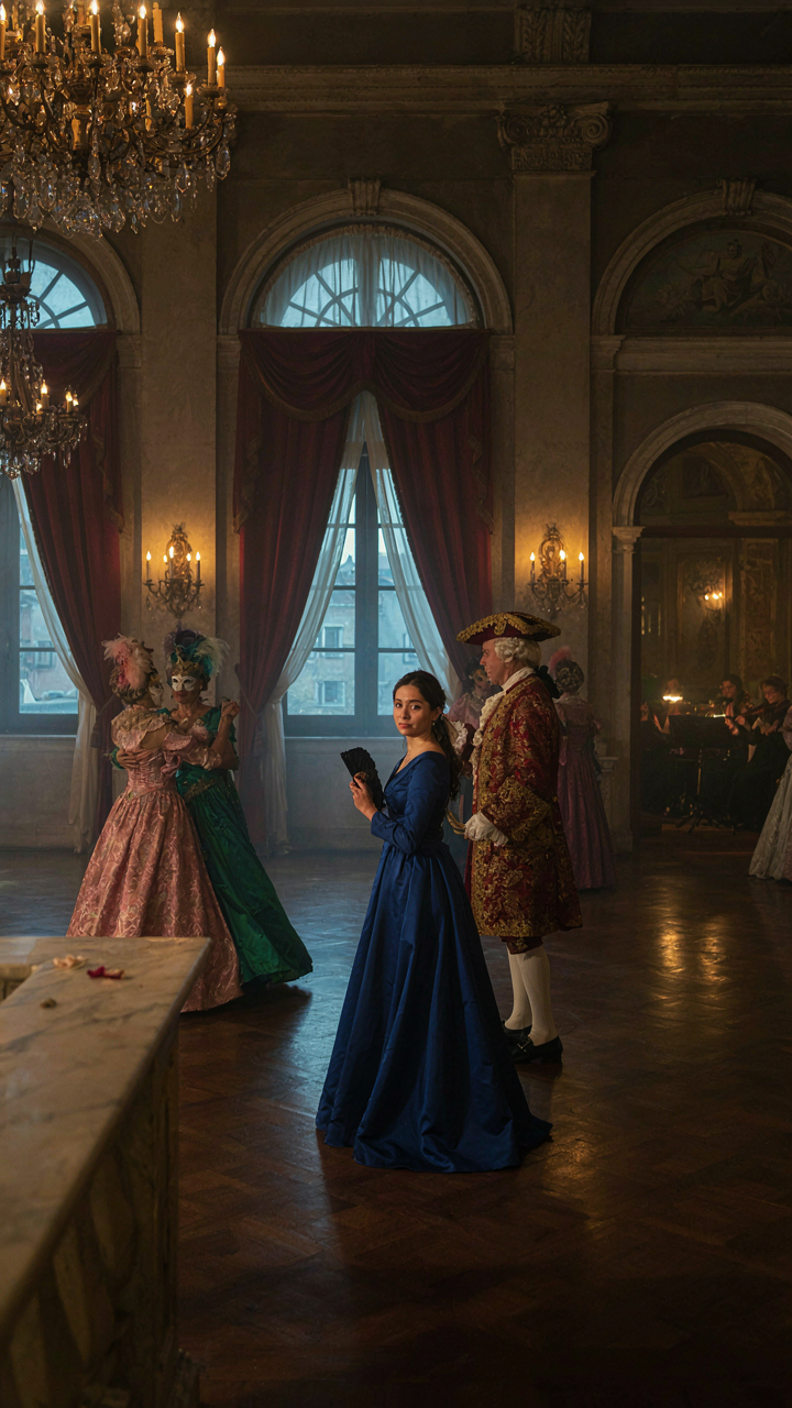 An 18th-century Venetian masquerade ball with costumed figures.