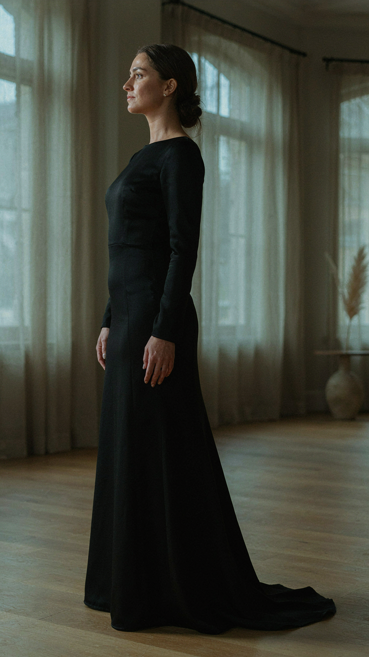 A woman wears a sleek black floor-length gown with pulled-back hair.