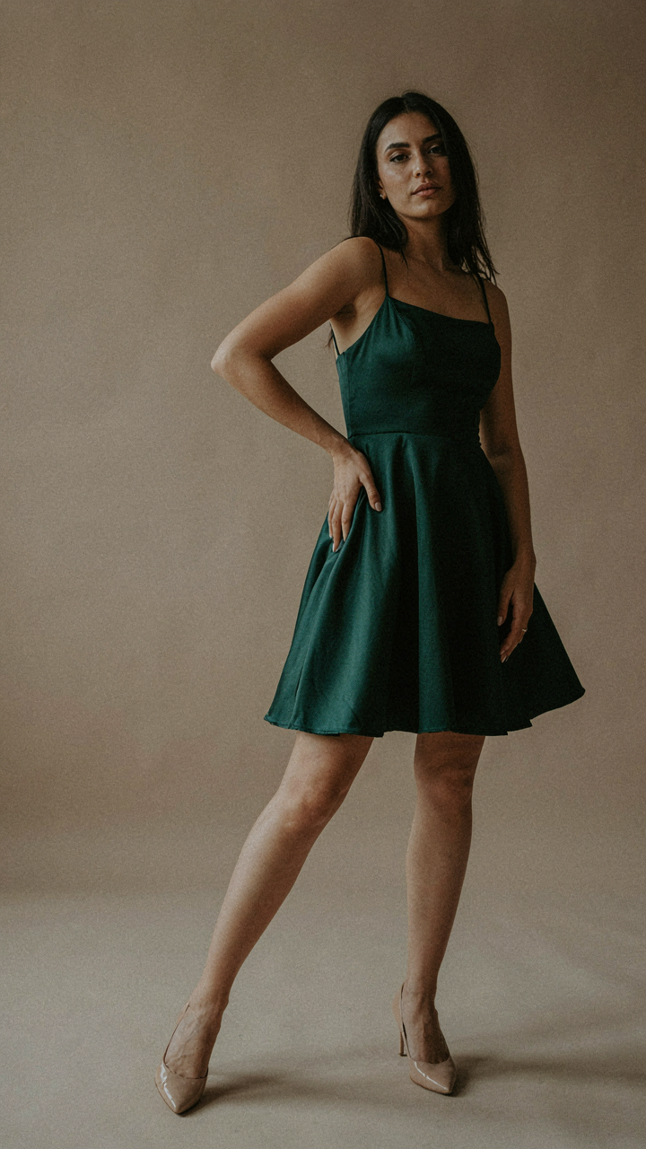 Woman in a short cocktail dress shows a diagonal leg line for cocktail dress photo poses.