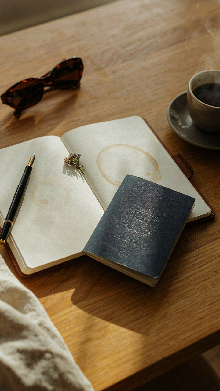 An open travel journal showing notes on packing, with a pen and passport.