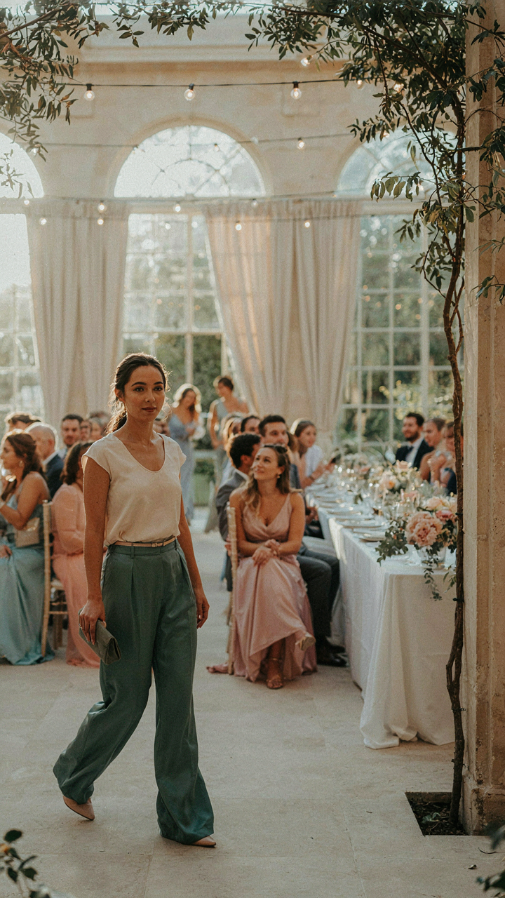 A person walks into a formal event, exuding confidence in their unique outfit.