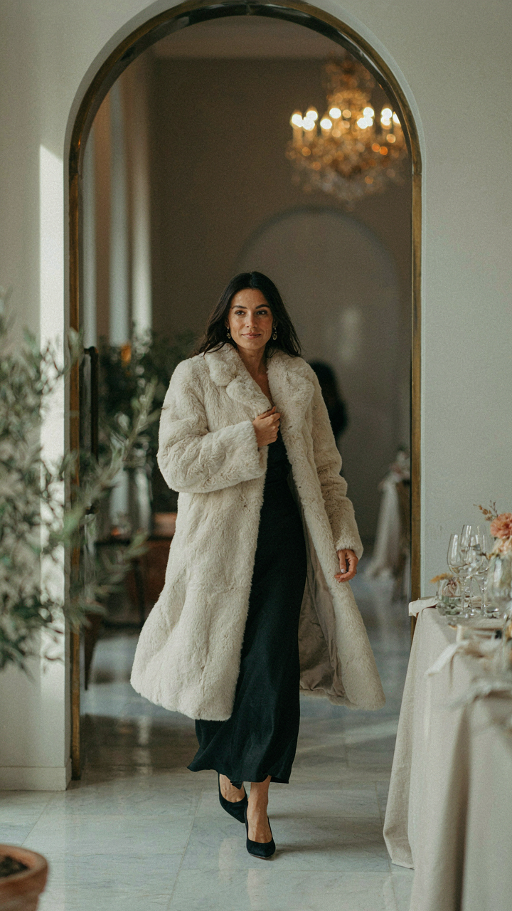 A woman confidently pauses at an event entrance, her faux fur coat billowing.