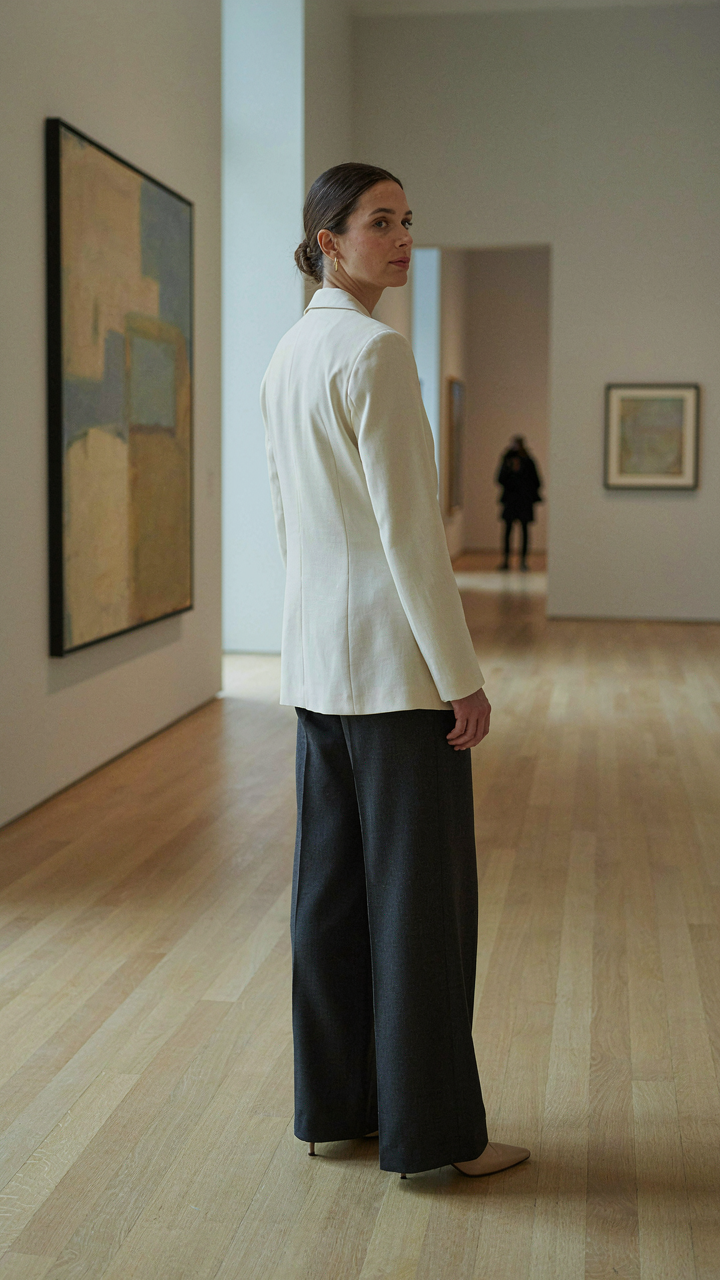 Woman in wide leg pants and a cropped blazer shows a defined waist.
