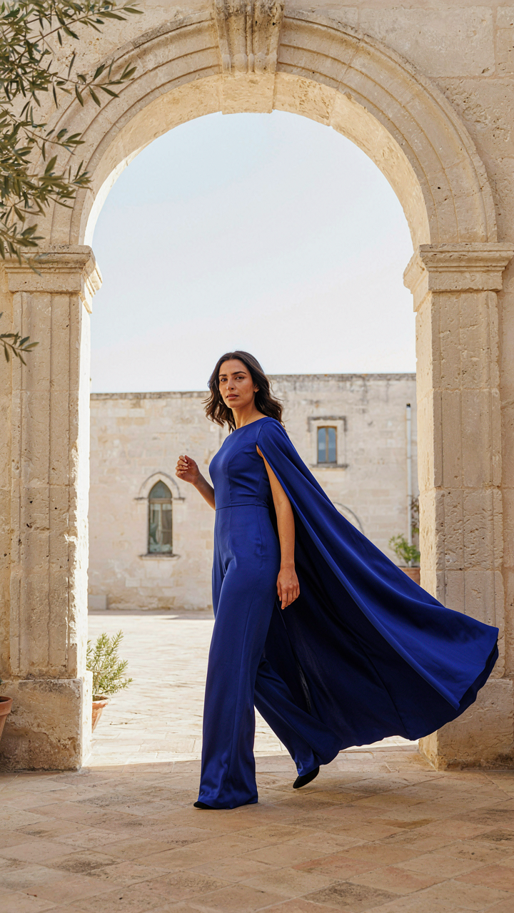 A woman in a deep blue jumpsuit with cape makes a grand entrance through an archway.