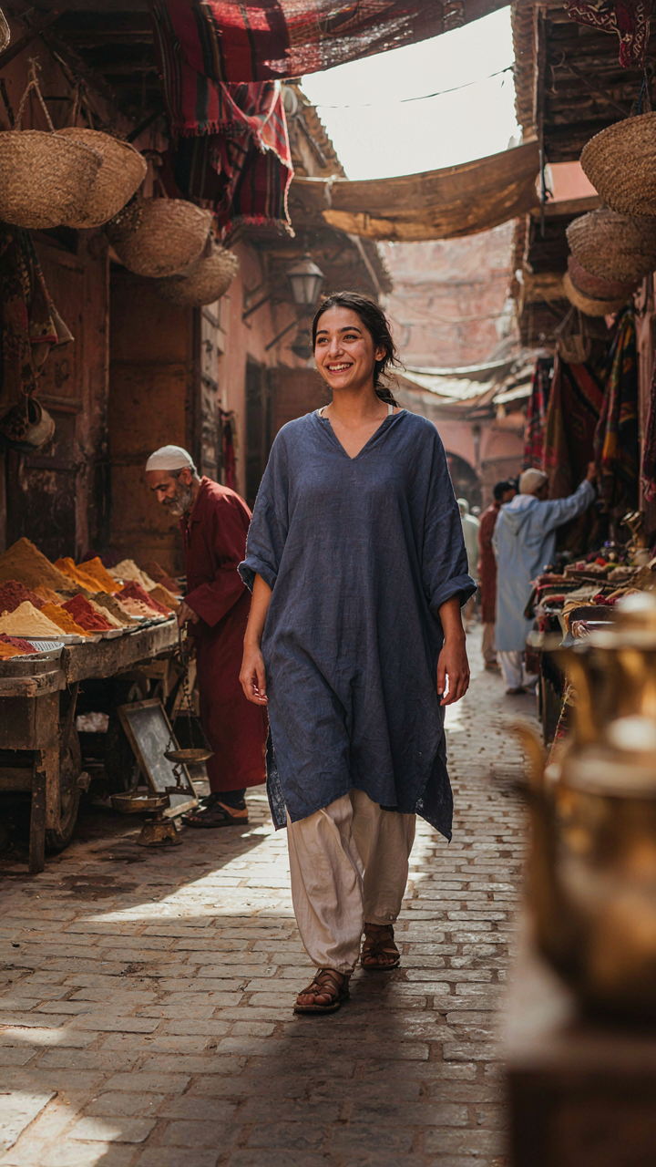 A person confidently exploring a busy foreign market without thinking about clothes.