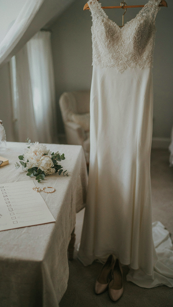 A checklist with ticked boxes next to a pressed formal gown.