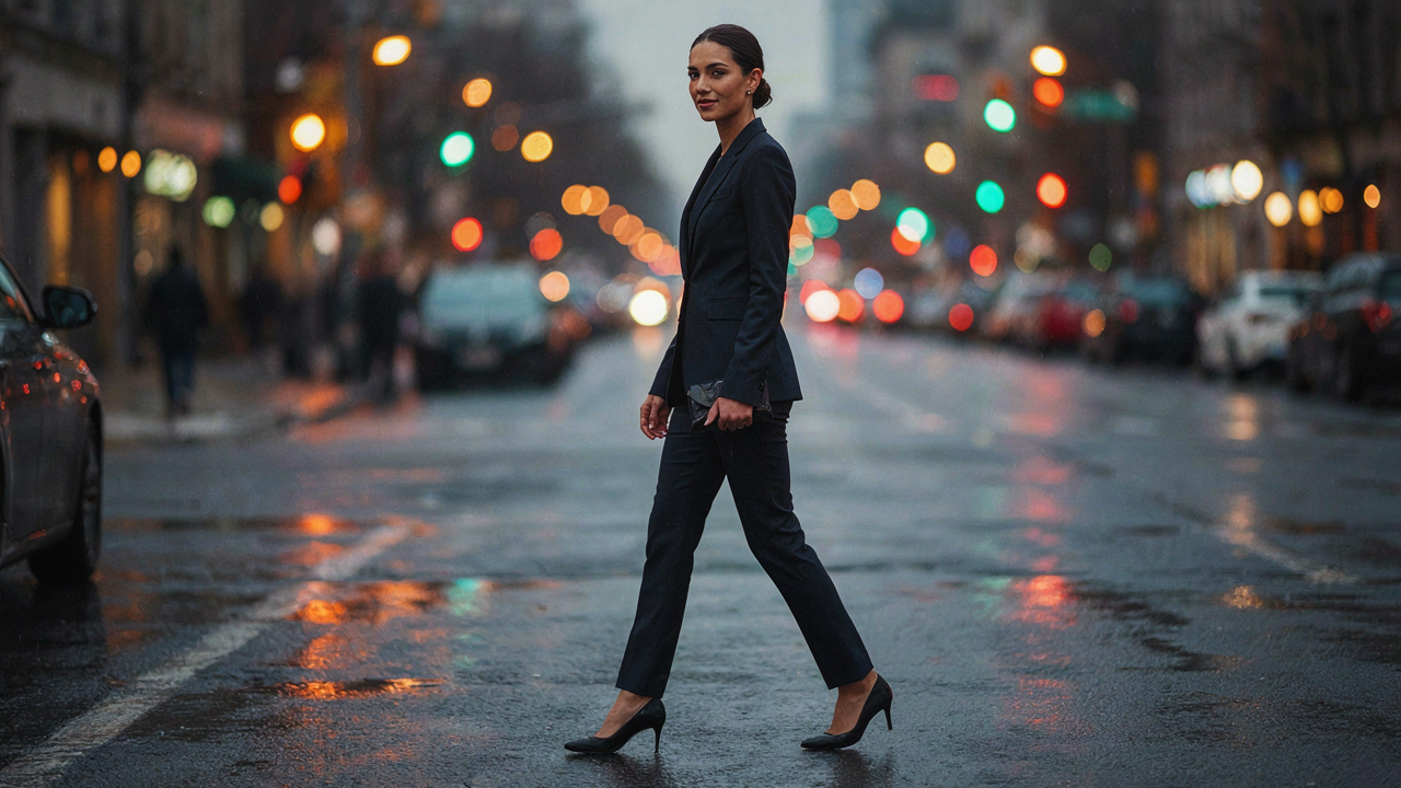 A woman in a tailored matching set cocktail outfit walks with confidence.