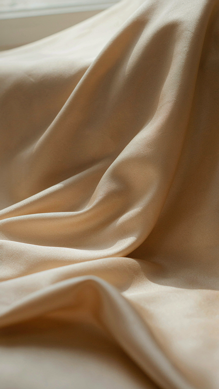 Close-up of luxurious champagne satin fabric draped softly and shimmering.