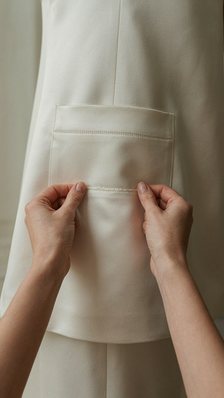 Close-up of a satin dress pocket opening with reinforced stitching, hand pulling fabric.