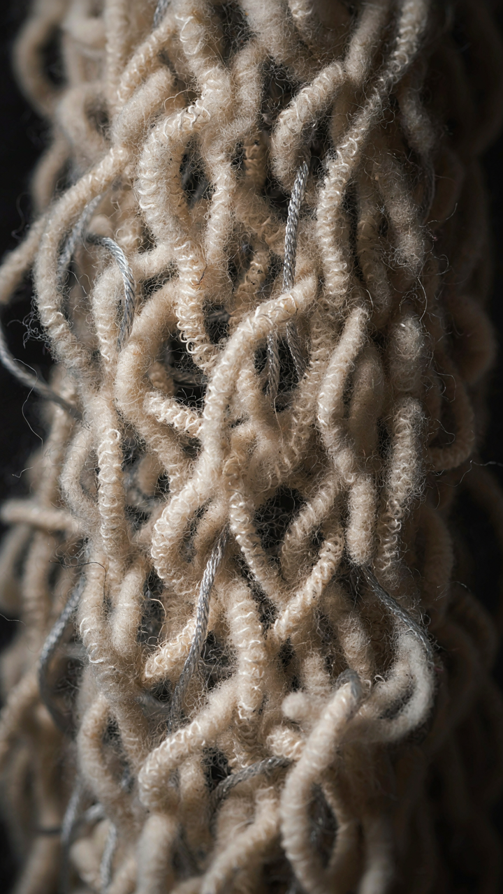 A close up of merino wool and synthetic fibers intertwined, showing air pockets.