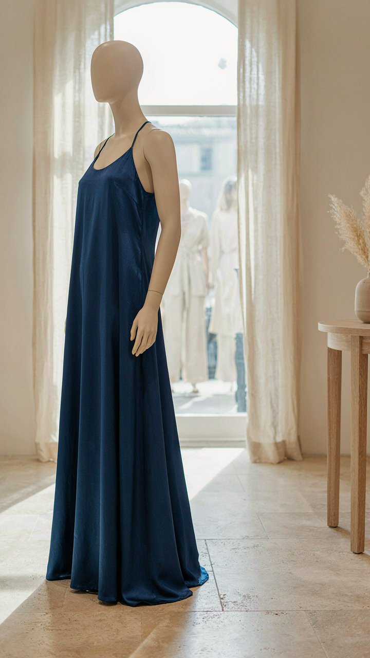 A blue silk maxi dress draped elegantly on a mannequin in a boutique.