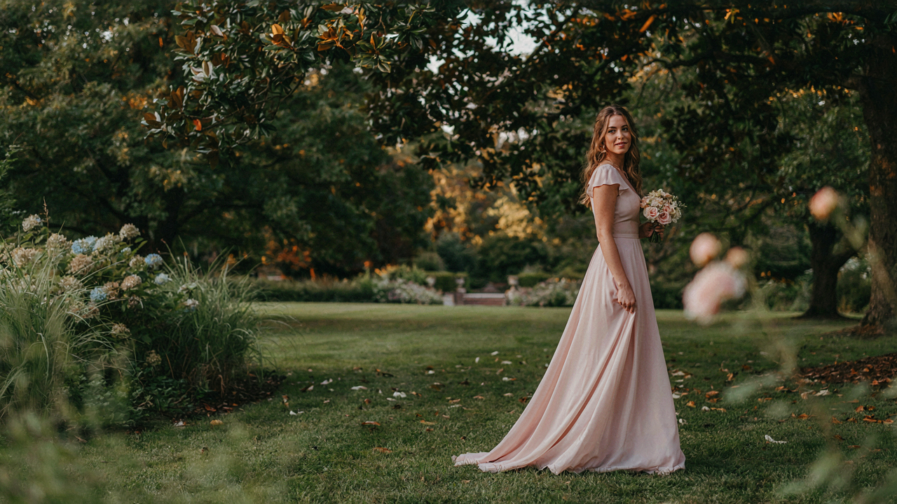 A woman in a beautiful maxi wedding guest dress stands in a sunny garden.