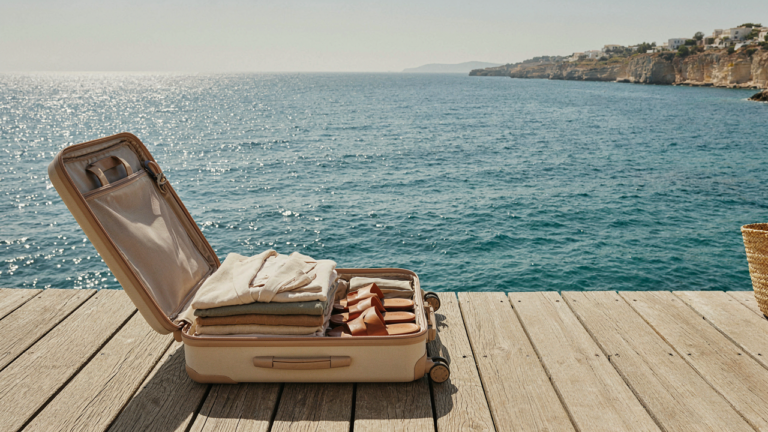 An open suitcase holds a neatly folded Mediterranean cruise capsule wardrobe on a ship deck.