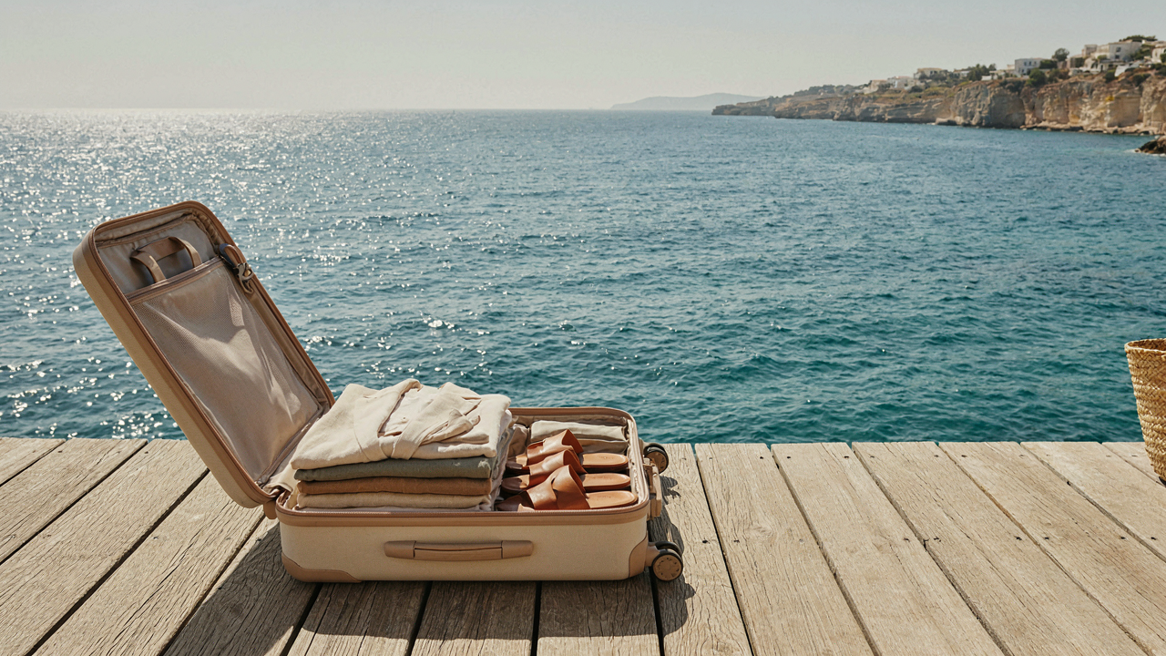 An open suitcase holds a neatly folded Mediterranean cruise capsule wardrobe on a ship deck.