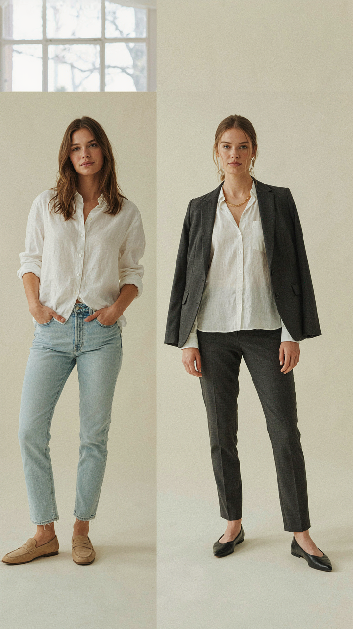 A white linen shirt is styled casually and formally side-by-side.
