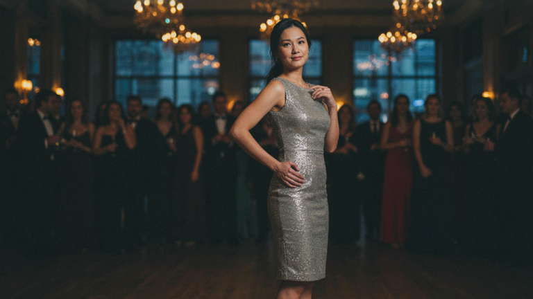 A woman in a shimmering metallic cocktail dress stands confidently in an event venue.