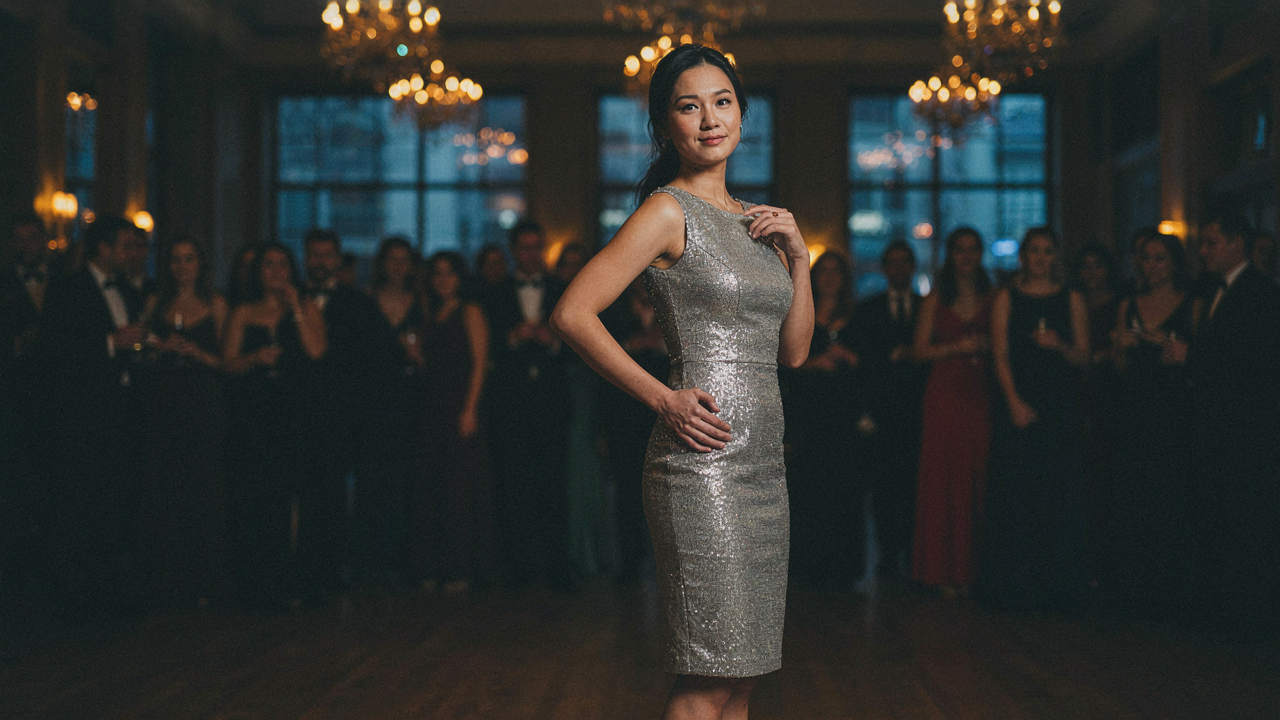 A woman in a shimmering metallic cocktail dress stands confidently in an event venue.