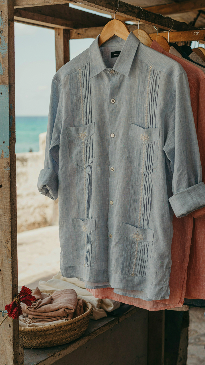 A tailored pale blue linen guayabera shirt hangs in an outdoor market.