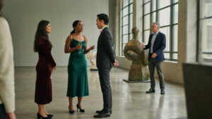 People in midi cocktail dresses mingle at a modern formal event in an art gallery.