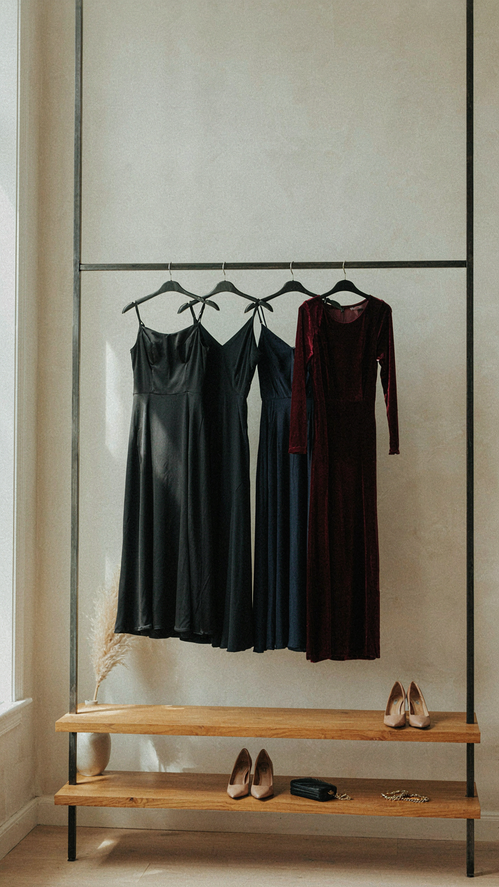 A capsule wardrobe with three midi cocktail dresses and coordinating accessories.