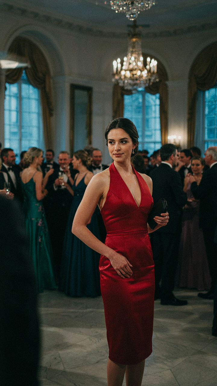 Woman in a striking red halter cocktail dress in a sophisticated ballroom.