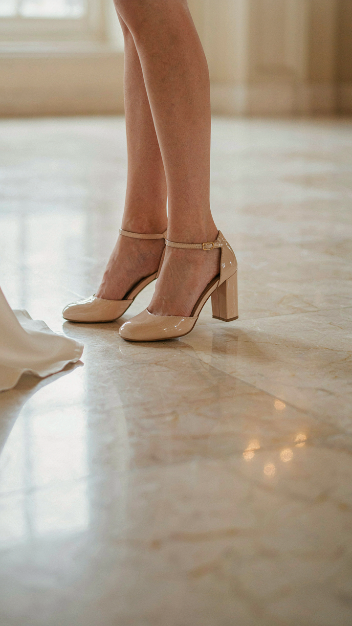 A woman in elegant block heels confidently stepping on a polished ballroom floor.