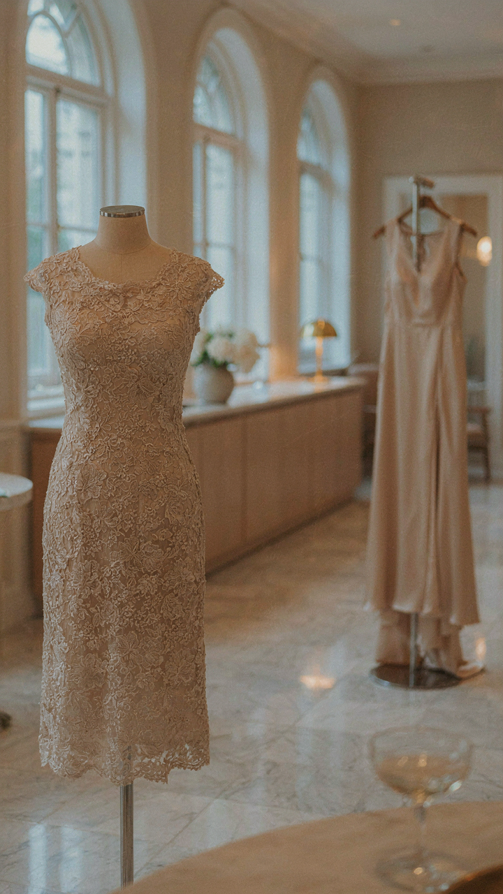 Lace cocktail dress in a restaurant reception, differing from a formal gown.