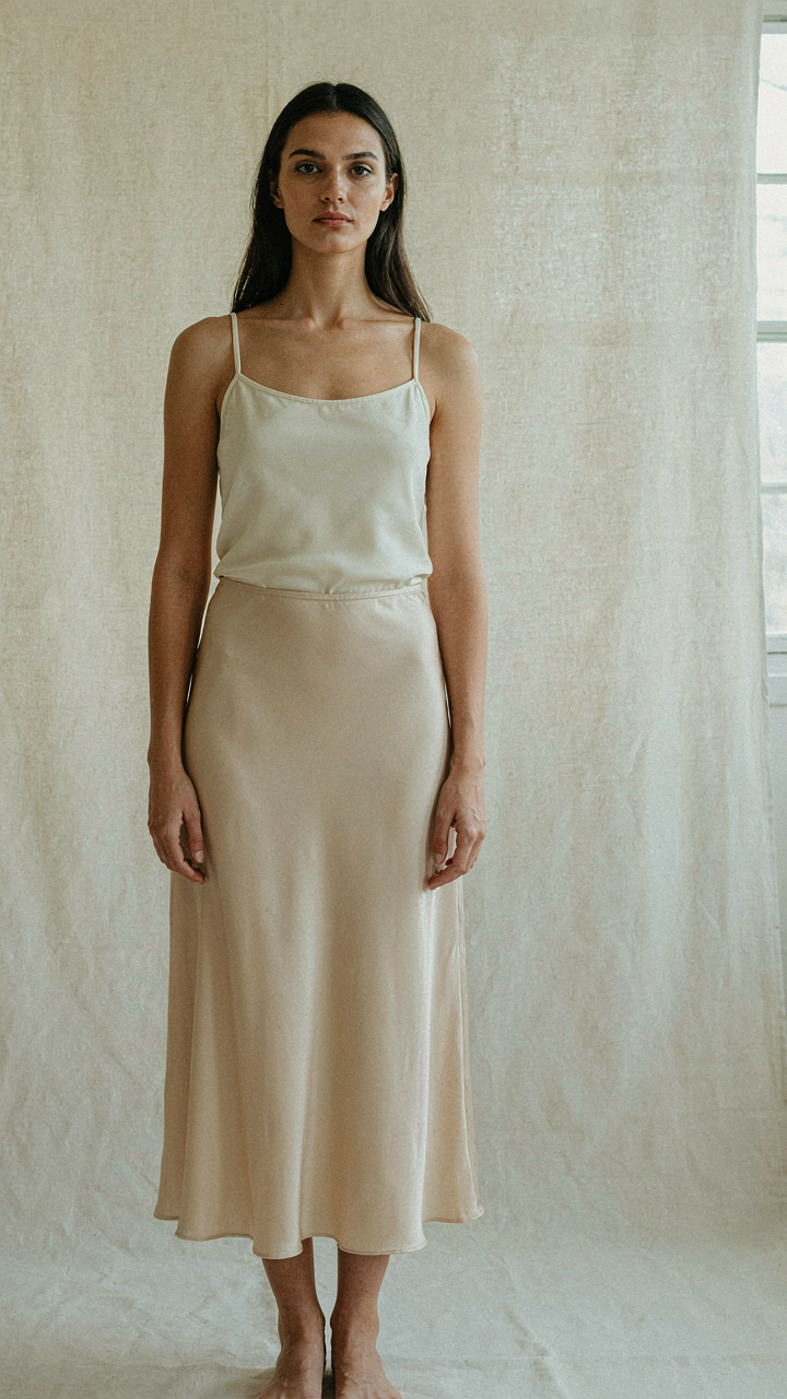 A woman in a satin midi skirt, standing tall with confident posture.