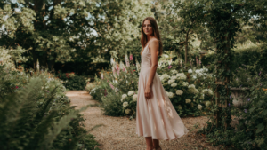 Woman in an elegant midi wedding guest dress standing in a sunlit garden.