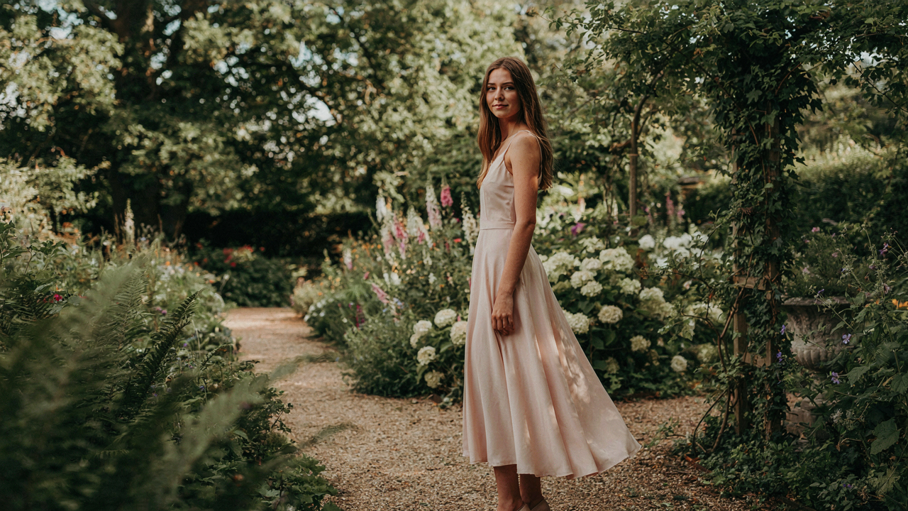Woman in an elegant midi wedding guest dress standing in a sunlit garden.