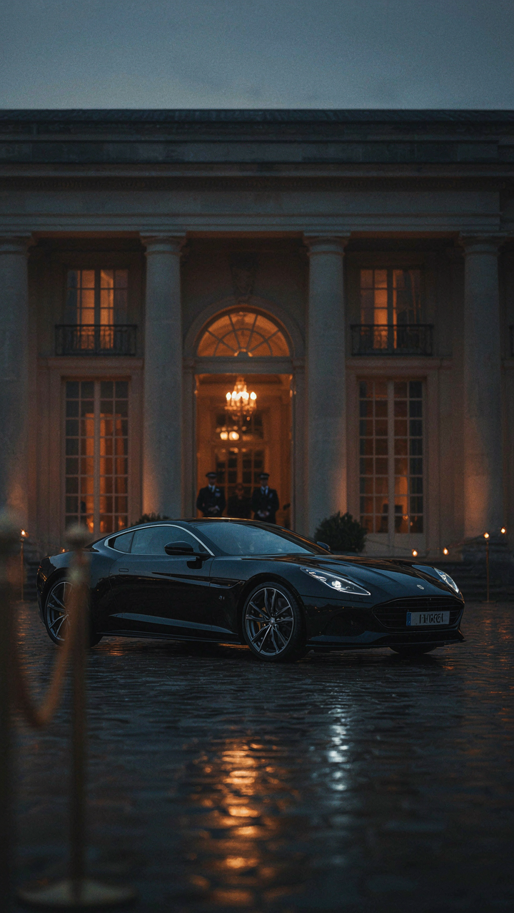Sleek black luxury sports car parked at a grand gala venue.
