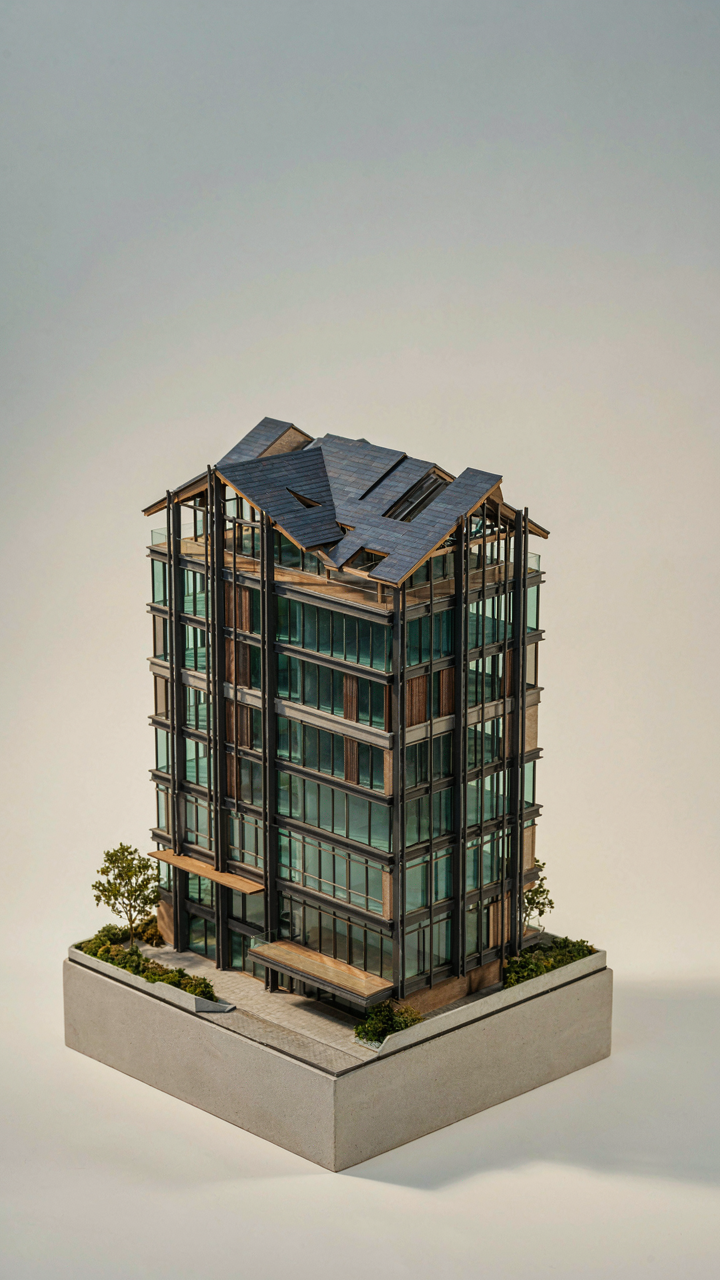 Scale model of a modern building with visible structural beams.