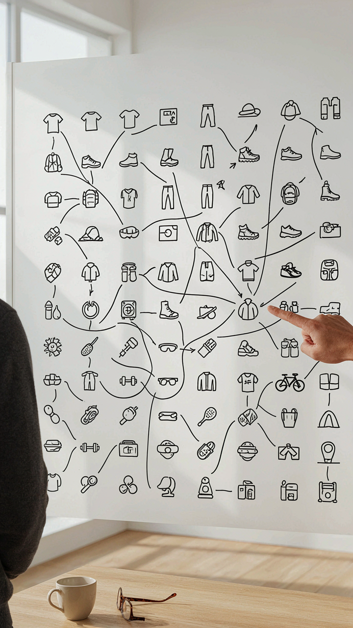 A whiteboard displays a grid connecting clothing icons to various activity symbols.