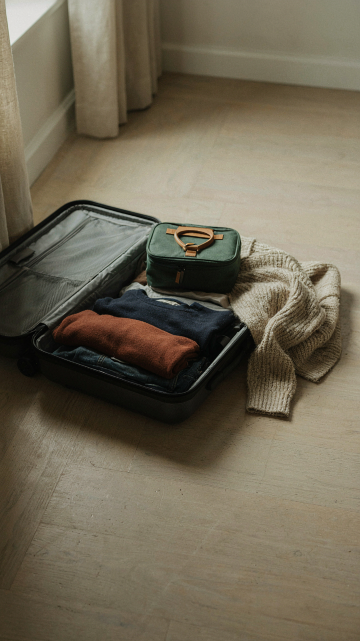 A small packed cube sits next to a bulky discarded sweater in a suitcase.