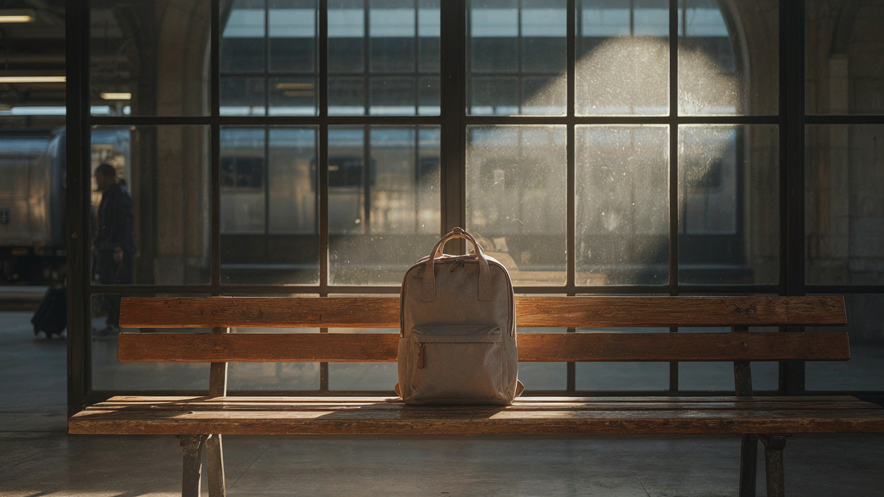 A sleek, simple backpack waits on a bench in a bright train station, ready for travel.