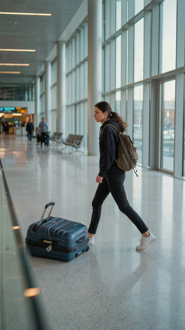 A traveler swiftly walks through an airport carrying a small backpack, leaving a large suitcase.