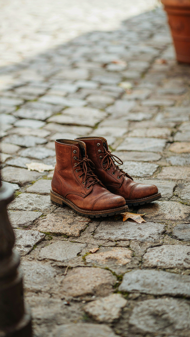 A pair of well-worn, high-quality leather travel boots sit on a cobblestone street.
