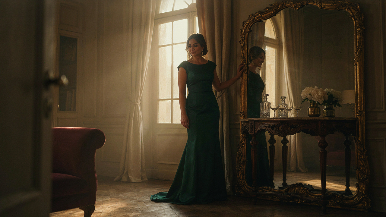 A woman in an elegant dress striking a confident pose for a mirror selfie.
