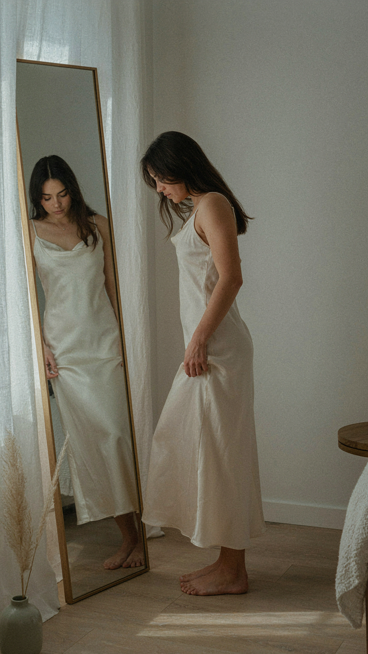 Woman in a dress, hand gently cupping fabric, showing intentionality in mirror selfie poses.