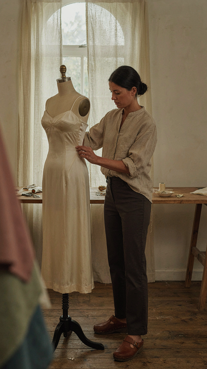 A person feels the fabric and seams of a well-fitting vintage dress.