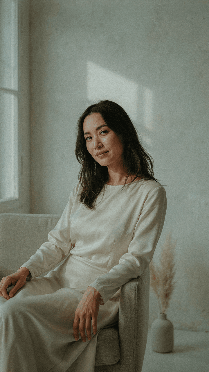 A woman sits comfortably and confidently in a modest, elegant long-sleeved dress.