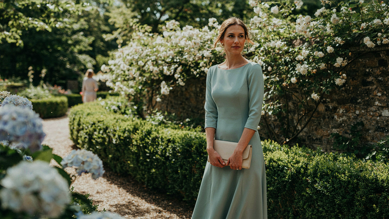 A woman wears a sage green modest wedding guest dress in a sunny garden.