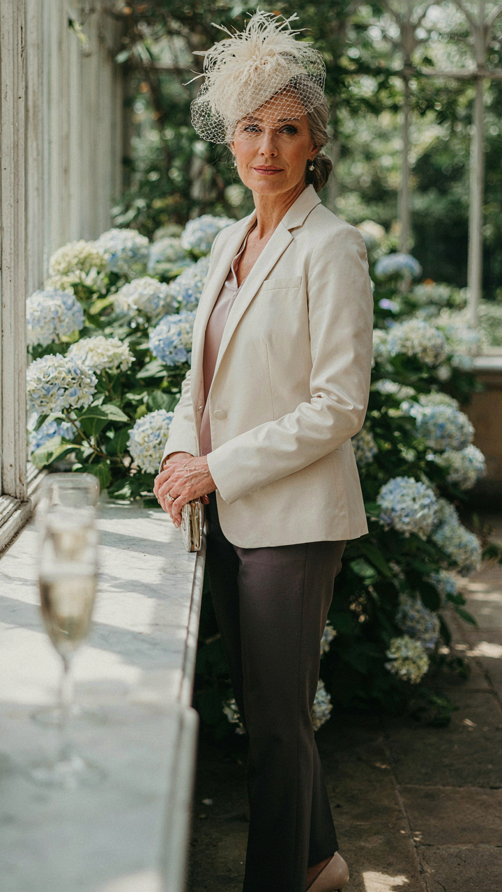 A sophisticated older woman confidently wears a refined fascinator.