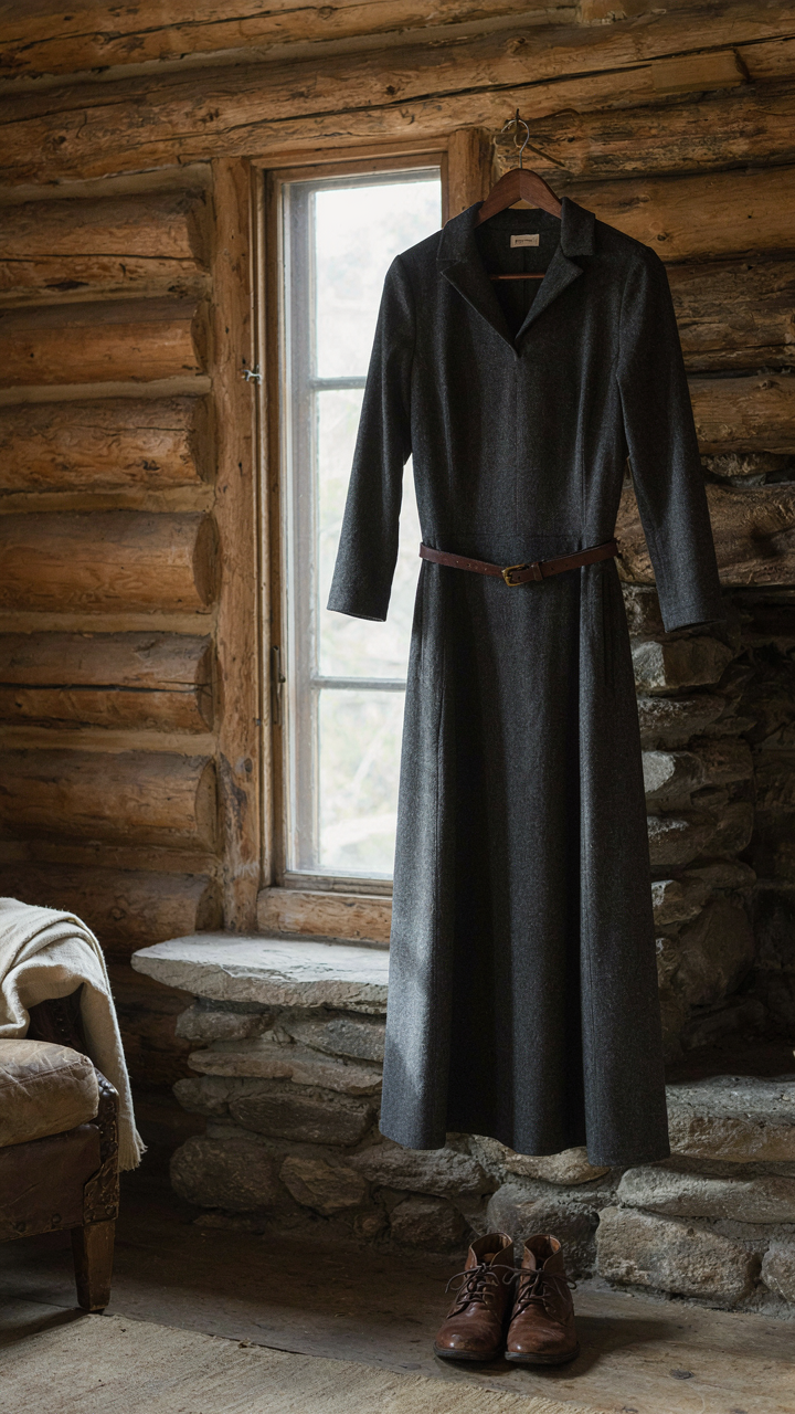 A tailored wool blend dress with an A-line cut hangs in a mountain cabin.