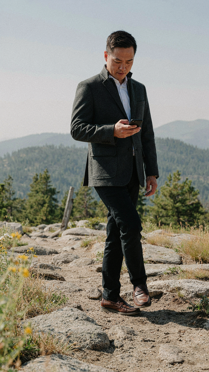 A man in a wool blazer checks his phone in a hidden pocket.