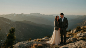 A couple in elegant mountain wedding guest outfits stands on a rocky slope at sunset.