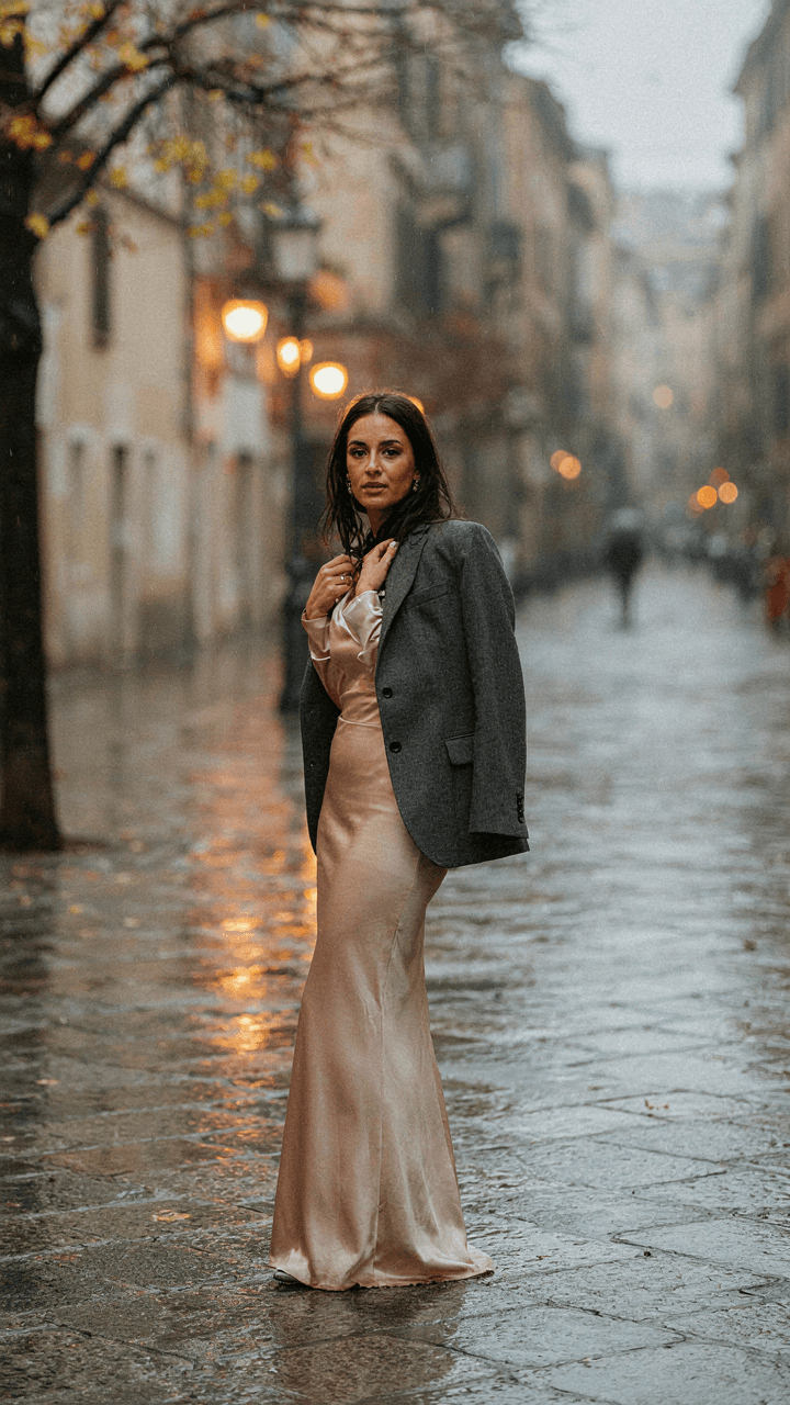 A woman in a silk gown wears a blazer outside on a cool autumn evening.