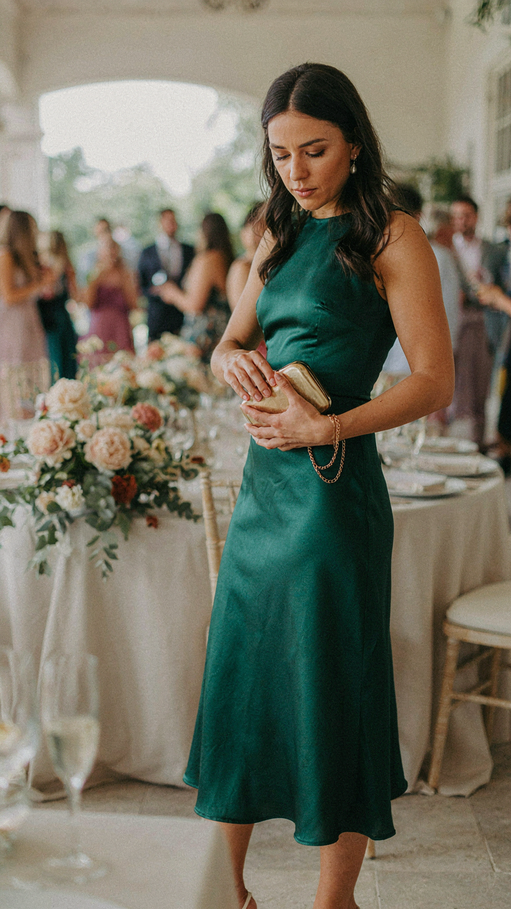 A woman in a deep jewel-toned midi dress at a semi-formal wedding.